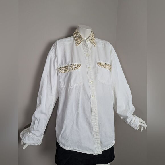 Vintage bedazzled button shirt, Pearls rhinestones studs, western style white co - Picture 4 of 10